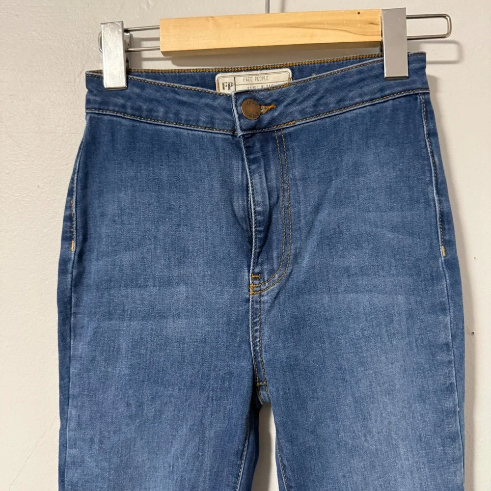 Free People Just Float On Flare Jeans Blue High Rise Bell Bottom Raw‎ Hem 24R